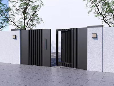 Modern Black Entrance Gate With White Walls Wall Lamps Trees And Stone Pavement 3d model