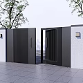 Modern Black Entrance Gate With White Walls Wall Lamps Trees And Stone Pavement