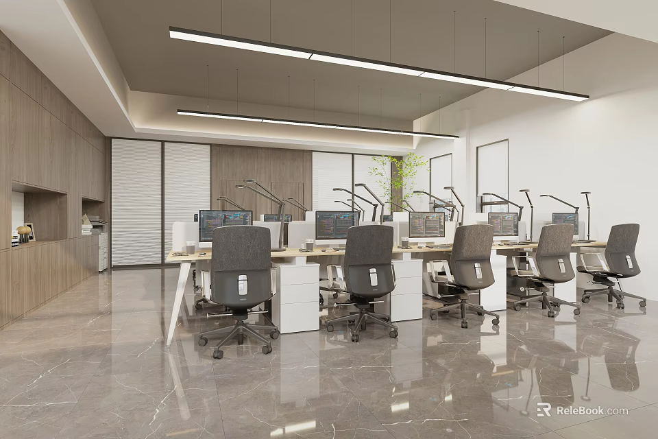 Public Office Space Interior With Modern Desks Computers Gray Chairs And Ceiling Lights 3d model