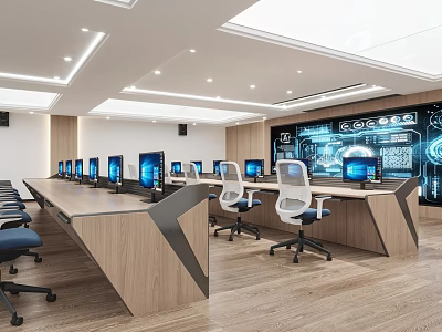 Modern Monitoring Room With Monitors Office Chairs And Tech Displays 3d model