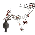 Decorative Bonsai Potted Plant With Gray Pot Branches And Red Fruits