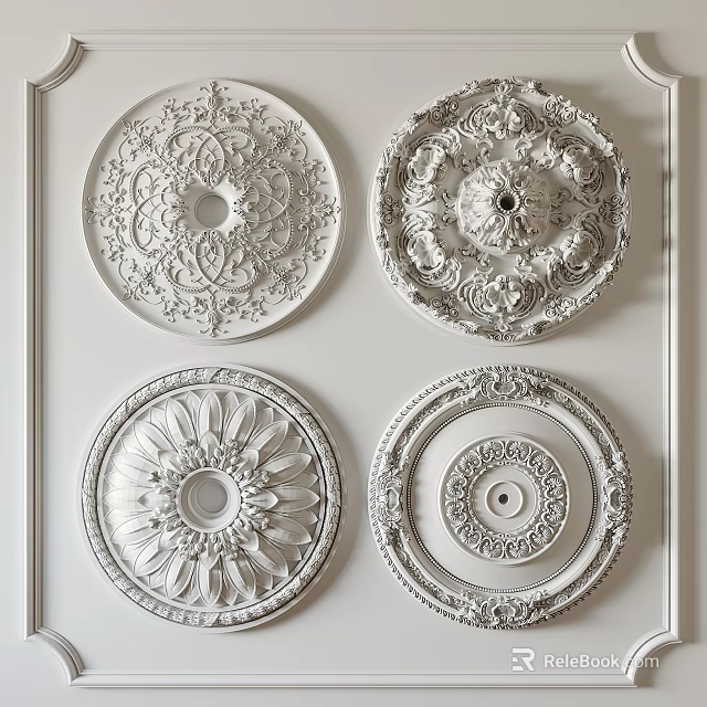 Four Different Ornate Carved Ceiling Medallions For Decorative Ceiling Design 3d model 