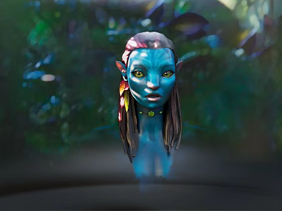 Blue Skinned Character with Yellow Eyes and Feather Adornments in Lush Green Jungle Setting 3d model