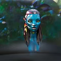 Blue Skinned Character with Yellow Eyes and Feather Adornments in Lush Green Jungle Setting