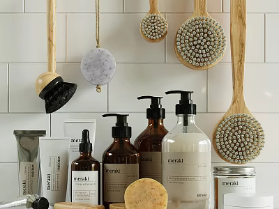 Bathroom Daily Washing Essentials With Hanging Wooden Brushes Scrubbers Bar Soap And Liquid Soap Bottles 3d model