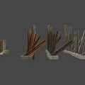 Rusty Metal Piles As Defensive Weapons With Concrete Bases Standing And Slanting
