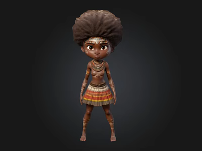 3D African Style Cartoon Character With Curly Hair Face Paint And Colorful Skirt 3d model