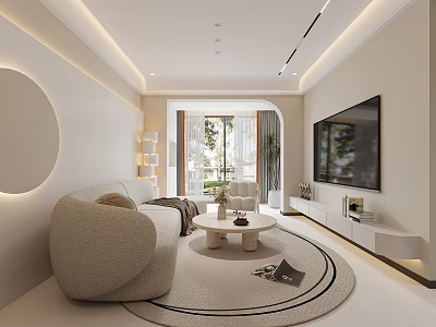 Modern Living Room Interior Design With Light Colored Sofa Round Rug And TV Wall Unit 3d model