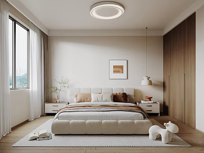 Modern Bedroom Interior With Beige Bed Bedside Tables Window Curtains Framed Picture And Ceiling Light 3d model