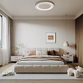 Modern Bedroom Interior With Beige Bed Bedside Tables Window Curtains Framed Picture And Ceiling Light