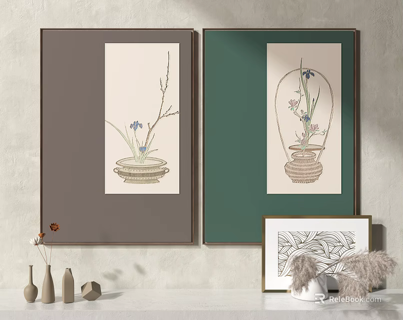 Decorative Wall Art Paintings With Floral Vase Illustrations And Home Decor Items 3d model 
