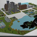 Urban City Building Complex Design With High Rise Architecture Mountains Lake And Green Landscaping