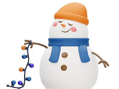 Cute Happy Snowman With Orange Hat Blue Scarf And Colorful Christmas Lights 3d model