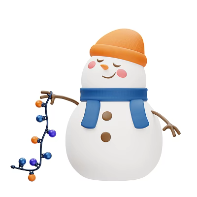 Cute Happy Snowman With Orange Hat Blue Scarf And Colorful Christmas Lights 3d model