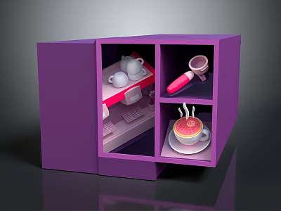 Decorative Ornament Set with Purple Cabinet White Cups Pink Utensil and Latte Art Coffee Cup 3d model
