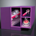 Decorative Ornament Set with Purple Cabinet White Cups Pink Utensil and Latte Art Coffee Cup