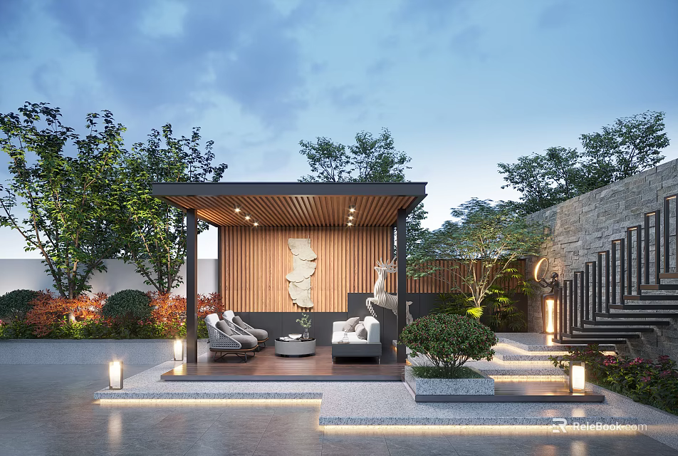 Modern Garden Landscape With Wooden Pavilion Outdoor Seats Green Plants And Ambient Lighting 3d model 