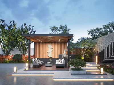 Modern Garden Landscape With Wooden Pavilion Outdoor Seats Green Plants And Ambient Lighting 3d model