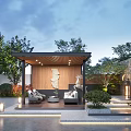 Modern Garden Landscape With Wooden Pavilion Outdoor Seats Green Plants And Ambient Lighting