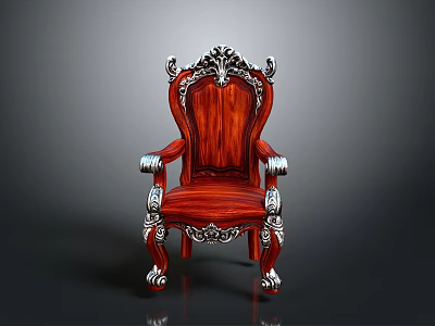 Ornate Red Wooden Armchair With Silver Carved Decorations And Luxury Design 3d model