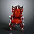 Ornate Red Wooden Armchair With Silver Carved Decorations And Luxury Design