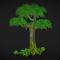 Cartoon Scene Featuring Lush Green Tree With Mossy Trunk And Small Plants