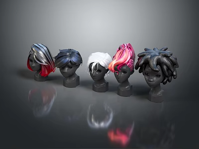 Diverse Head Models Featuring Various Hairstyles And Colorful Hair Silver Black White Pink Curly Black 3d model