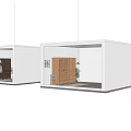 Modern Wooden Wardrobe with Sliding Doors in Interior Space with Stools and Potted Plants