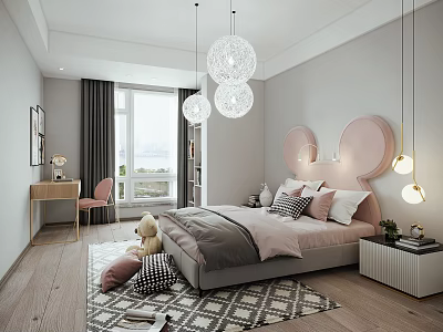 Kids Room Interior With Pink Headboard Spherical Pendant Lights Wooden Floor Desk Chair Teddy Bear 3d model