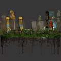 Detailed Miniature Scene Construction With Lush Green Plants Yellow Pillars Small Buildings And Signposts