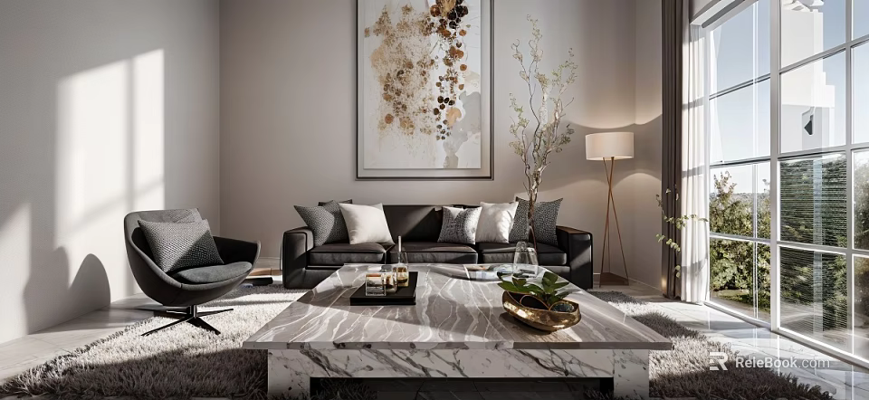 Modern Living Room Featuring Black Sofa Gray Cushions Marble Coffee Table Abstract Painting Floor Lamp 3d model 
