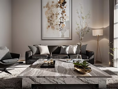 Modern Living Room Featuring Black Sofa Gray Cushions Marble Coffee Table Abstract Painting Floor Lamp 3d model