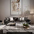 Modern Living Room Featuring Black Sofa Gray Cushions Marble Coffee Table Abstract Painting Floor Lamp