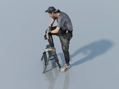 Man Standing on Ladder Holding Power Tool Wearing Cap Gray T-Shirt and Tool Belt 3d model