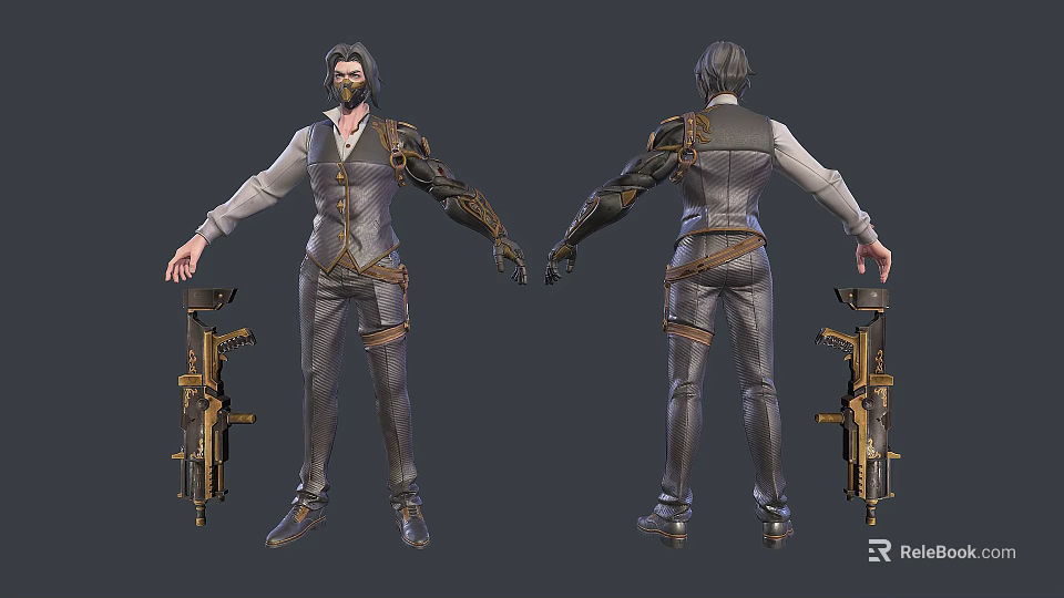 Man With Mechanical Arm Detailed Outfit And Weapon 3D Front Back View 3d model 
