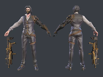 Man With Mechanical Arm Detailed Outfit And Weapon 3D Front Back View 3d model