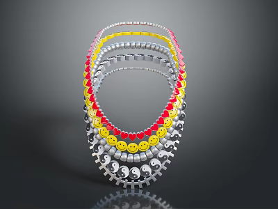 Circular Layered Necklace With Silver Gears And Colorful Smiley Faces 3d model