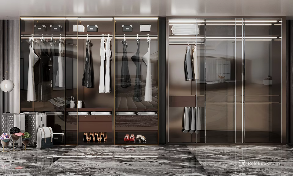 Modern Wardrobe With Glass Doors Hanging Clothes Drawers And Shoe Storage 3d model 