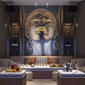 Modern Luxury KTV Lounge Interior With Mural Art Sofa Tables And Wine Bottles
