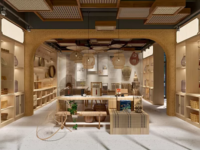 Natural Style Mall Store With Wooden Shelves And Woven Decorations 3d model