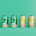 Laocha Brand Four Canned Drinks With Green And Yellow Packaging On Light Green Background