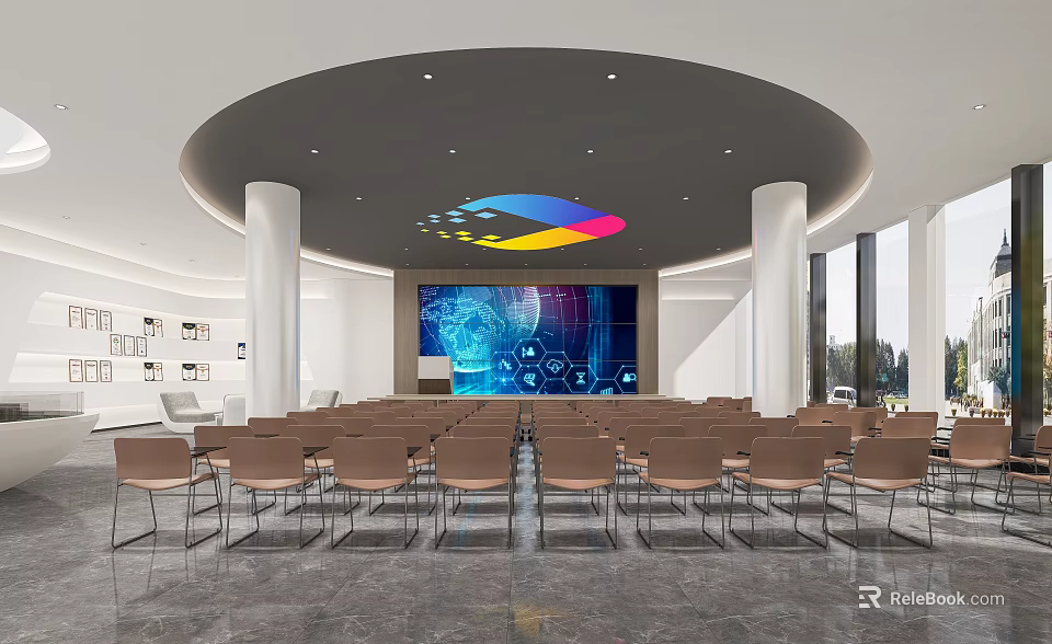 Modern Conference Room Interior Design With Circular Ceiling Colorful Pendant Light Tech Screen And Brown Chairs 3d model 