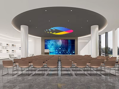 Modern Conference Room Interior Design With Circular Ceiling Colorful Pendant Light Tech Screen And Brown Chairs 3d model