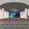 Modern Conference Room Interior Design With Circular Ceiling Colorful Pendant Light Tech Screen And Brown Chairs