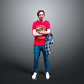Man In Red T-Shirt Arms Crossed Holding Plaid Shirt Blue Jeans White Shoes Grey Background