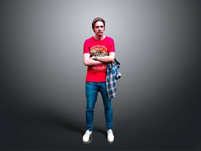 Man In Red T-Shirt Arms Crossed Holding Plaid Shirt Blue Jeans White Shoes Grey Background 3d model