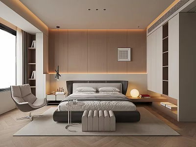 Modern Bedroom Interior Design With Wooden Wall Bed Chair Bookshelf And Lighting 3d model
