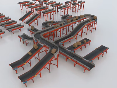 Industrial Material Handling Equipment Conveyor Belt System With Multiple Red Frames And Black Belts 3d model