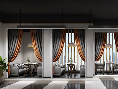 Modern Luxury Restaurant Interior With Large Windows Gray Orange Curtains Sofa And Green Plants 3d model