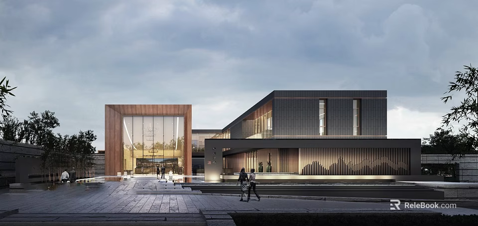 Modern Sales Office Building Exterior Design With Glass Curtain Wall Metal Structure And Plaza Pedestrians 3d model 